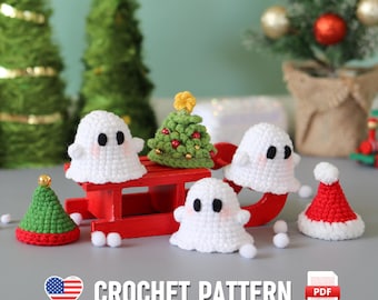 Patrón de crochet de fantasmas navideños de bolsillo para principiantes. Llavero de crochet con adornos navideños. Tutorial en PDF de amigurumi de muñeco fantasma espeluznante.