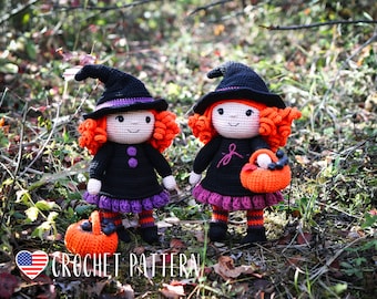 Halloween Witch Doll Crochet Pattern – Amigurumi PDF with Pumpkin Basket, Curly Hair, Fall Decor, Spooky Season DIY Toy Tutorial
