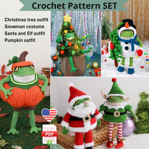 Crochet Pattern Set: frog's Christmas Costumes, crochet outfits bundle