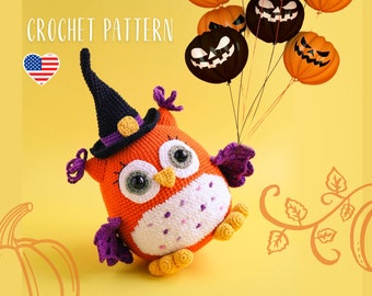 Halloween crochet owl, cute owl in a witch hat, bright colored amigurumi owl