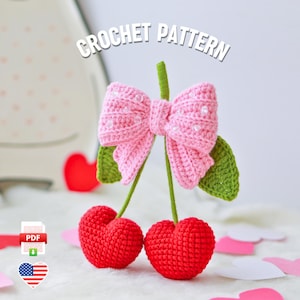 Heart Cherry Amigurumi Crochet Pattern PDF Digital Download Valentine’s Day Gift Cute Kawaii Fruit Pink Bow & Red Hearts, Beginner Friendly