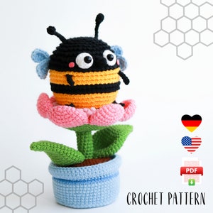 Bee in a flower pot crochet pattern, amigurumi honeybee and flower, PDF tutorial Easter decor