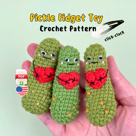 Crochet Pickle Fidget Clicker Toy Pattern PDF, Positive Pocket Friend Amigurumi Tutorial