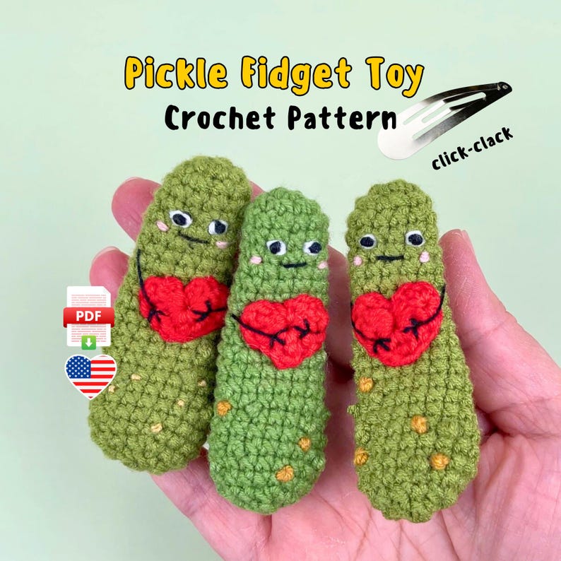 Crochet Pickle Fidget Clicker Toy Pattern PDF, Positive Pocket Friend Amigurumi Tutorial image 1