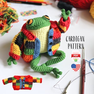 Rainbow patchwork cardigan for the frog, colorful color block sweater for toy, crochet pattern