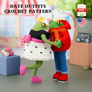 Date outfits for the frogs, PDF crochet pattern, red coat, dress, bouquet