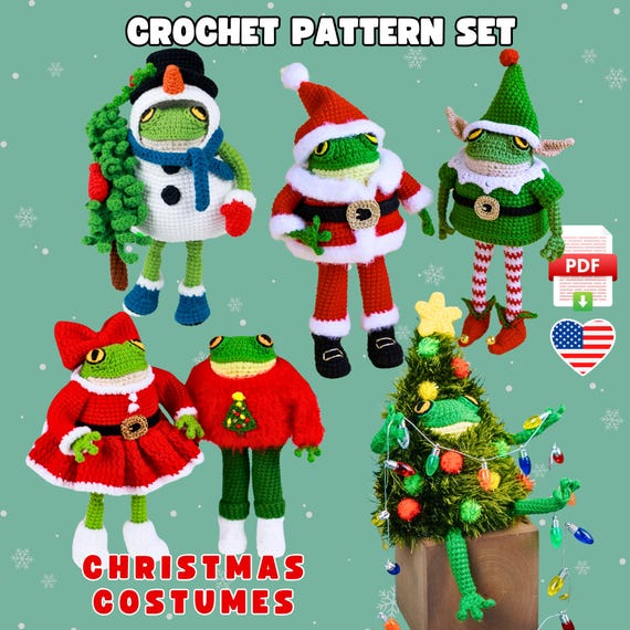 Frog Christmas Costumes Crochet Pattern Set – Santa, Elf, Snowman (PDF)