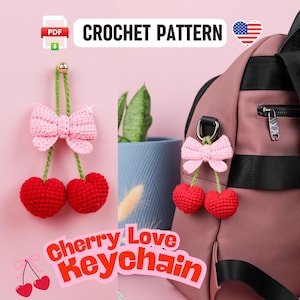 Herzförmige Kirsche Keychain häkeln Muster PDF - Doppel-rote Liebe Kirschen Anhänger, Valentinstag Geschenk, Frühling und Sommer Accessoire