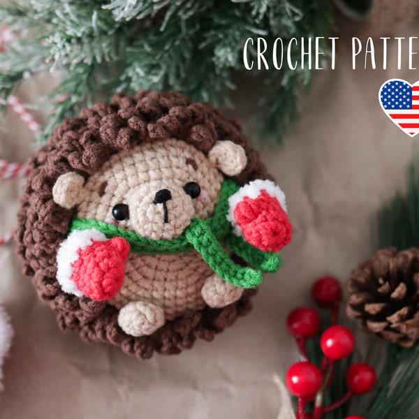 Crochet hedgehog in mittens, Christmas amigurumi pattern, crochet little toy