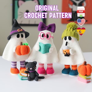 Halloween Geist Häkelanleitung PDF - 4 in 1 Gruselige Amigurumi-Anleitung: Hexe, Katze, Kürbis, Bücher & Boba - Niedlicher Herbst Dekor als digitaler Download