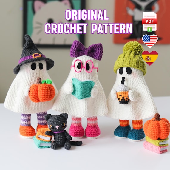 Halloween Ghost Crochet Pattern PDF – 4 in 1 Spooky Amigurumi Tutorial: Witch Cat, Pumpkin, Books & Boba – Cute Fall Decor Digital Download