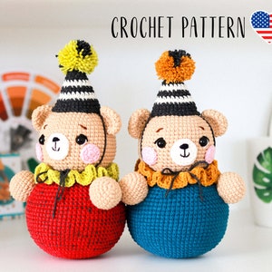 May include: Two crocheted teddy bear toys wearing party hats. One bear is red and the other is blue. The bears are wearing yellow and orange ruffles around their necks.  CROCHET PATTERN is written above the image.