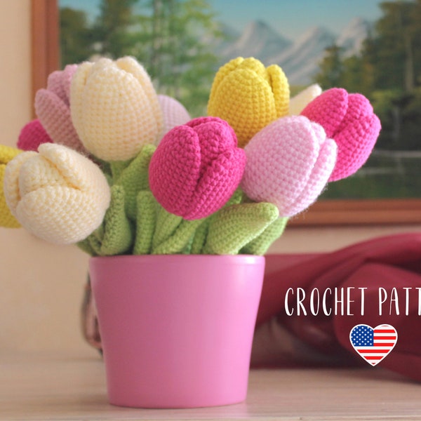 Crochet pattern Tulip, amigurumi flower, PDF tutorial Easter decor