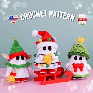 May include: Crochet pattern for three Christmas ghost ornaments. The ghosts are dressed as a Christmas tree, Santa, and an elf. The pattern is available as a PDF download.