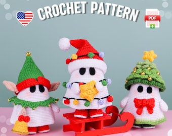 Patrón de crochet amigurumi de fantasma navideño: adorables duendes, Papá Noel y fantasmas de árbol. Tutorial en PDF para decoración navideña. Descarga digital de juguetes navideños.