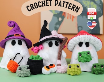 Patrón de crochet para muñecos fantasma de Halloween (PDF): Set de amigurumi de bruja, hongo y rana con caldero, ojos y cubo de calabaza. Decoración otoñal encantadora.