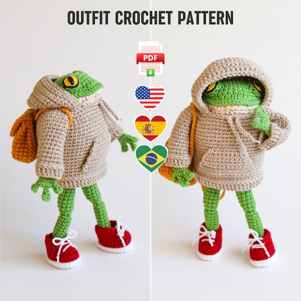 Crochet Pattern Frog Clothing - PDF Tutorial, Crochet Urban Style Outfit for the frog