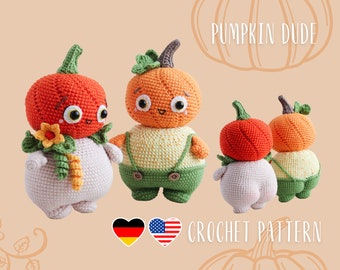 May include: Crochet pattern for a pumpkin dude amigurumi toy. The pattern includes instructions for making three different sizes of pumpkins, each with a unique design. The pumpkins are orange and green with white accents. The pattern is available in both English and German.