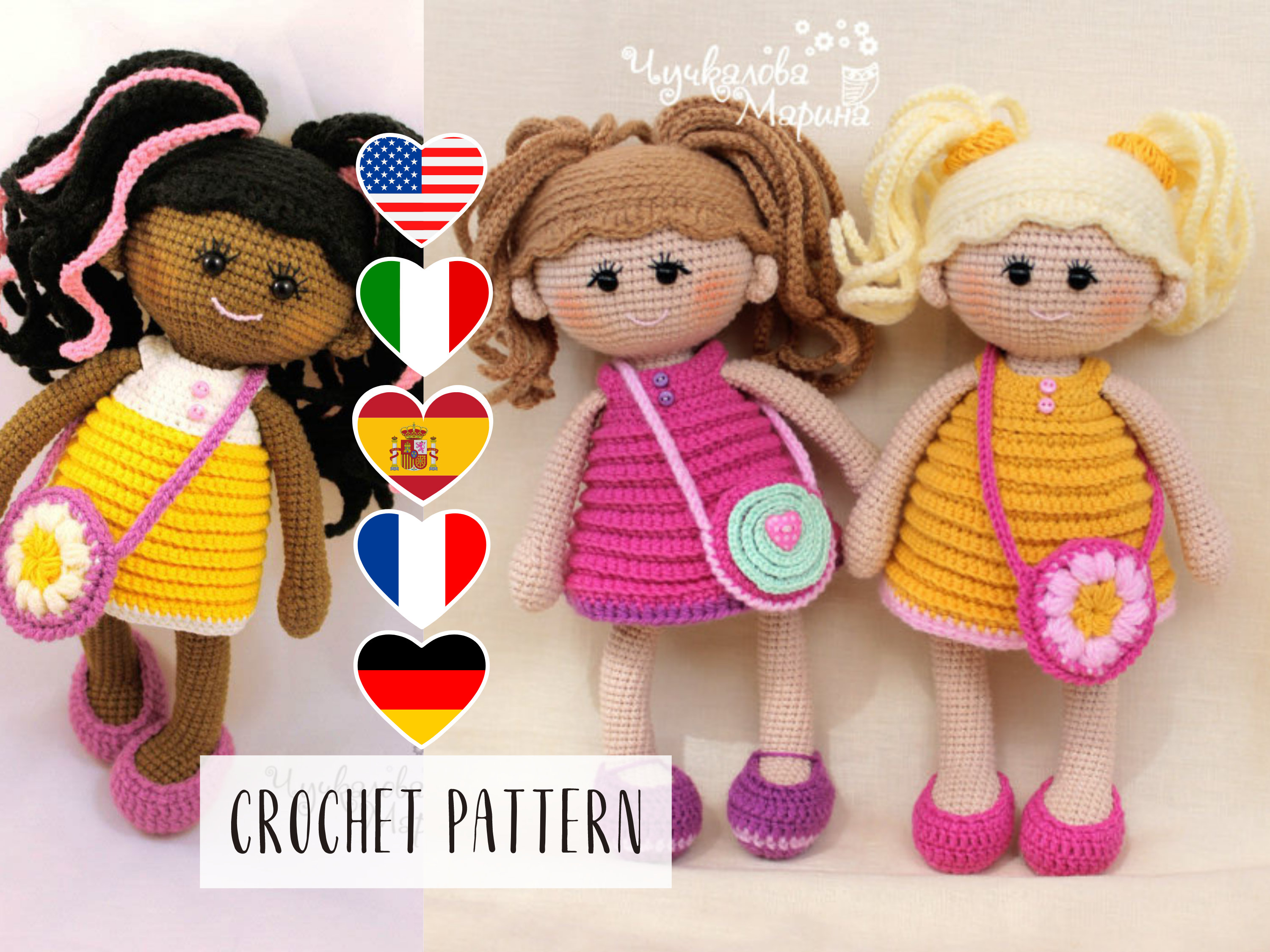 Crochet doll pattern, Pamposhka the curly doll amigurumi PDF tutorial