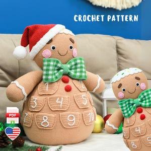 May include: Two crocheted gingerbread man advent calendars. The larger one wears a Santa hat and a green plaid bow tie. The body has numbered pockets. The smaller one has a green plaid bow tie and a white frosting trim. The text "CROCHET PATTERN" is at the top.
