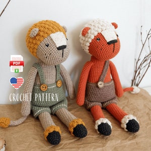 Lion Crochet Pattern - Amigurumi Animal Toy PDF Tutorial - Cute Lions in Overalls, DIY Stuffed Animal, Nursery Decor, Gift Idea