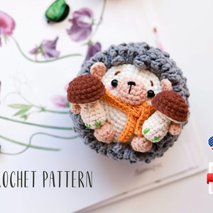 Hérisson au crochet, motif PDF, jouet Amigurumi pour l'automne et la Saint-Valentin, animal de la forêt avec champignons ou cœur, cadeau à faire soi-même, jolie peluche forêt