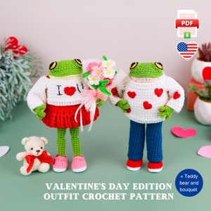 May include: Crochet pattern for a Valentine's Day frog couple, featuring a female frog holding a bouquet of flowers and a male frog wearing a sweater with hearts. The pattern also includes a teddy bear and a bouquet of flowers.