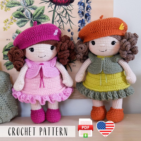 Crochet doll pattern, little doll in beret amigurumi tutorial, Lola the doll fall decoration