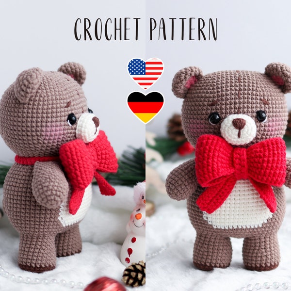 Christmas teddy bear with red bow tie, amigurumi pattern, PDF tutorial