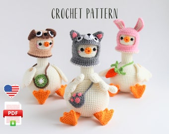 Baby Goose Amigurumi Pattern + 10 Funny Animal Hats & Bags | Crochet Bird Pattern | Easter Decor | Frog Hat, Bunny Hat, Bee Hat