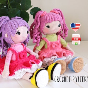 Crochet doll pattern, Emma beautiful doll with pink hair, tutu dress doll amigurumi pattern Easter decor