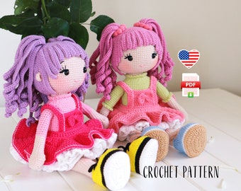 Crochet doll pattern, Emma beautiful doll with pink hair, tutu dress doll amigurumi pattern Easter decor