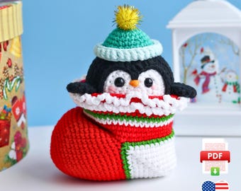 Crochet Penguin in Christmas Stocking Amigurumi Pattern Christmas Ornament Decor