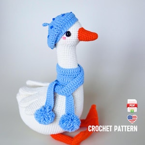 Crochet Goose Pattern PDF, Amigurumi Bird Toy with Beret and Scarf, DIY Farm Animal Plush Tutorial, Easter Gift for Kids, Nursery Decoration