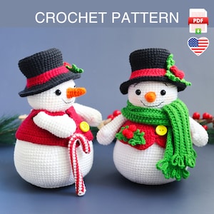 Crochet Mr. Snowman amigurumi toy pattern, Christmas crochet decor