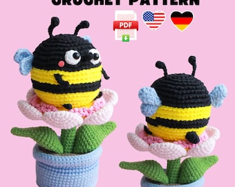 Padrão de crochê Amigurumi de Abelha em Vaso de Flores (PDF)