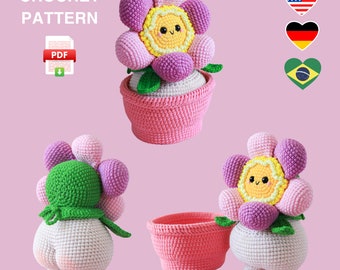 Patron Amigurumi Fleur coquine, fleurette au crochet en pot, tutoriel PDF déco Pâques