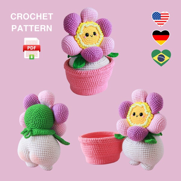 Patron Amigurumi Fleur coquine, fleurette au crochet en pot, tutoriel PDF déco Pâques