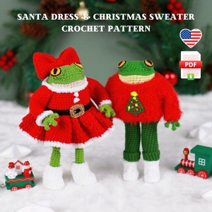 May include: Crochet pattern for a Santa dress and Christmas jumper for a frog. The pattern is available as a PDF download. The image shows two crocheted frogs, one wearing a red Santa dress with a white trim and a gold belt, and the other wearing a red Christmas jumper with a green Christmas tree design. Both frogs are wearing white boots.