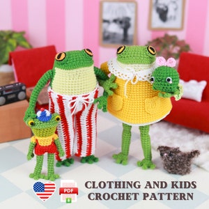 May include: Crochet pattern for a family of frogs wearing clothes. The pattern includes a frog dad wearing red and white striped pants, a frog mom wearing a yellow dress, a frog child wearing red shorts, and a baby frog wearing a green dress. The pattern is available as a PDF download.