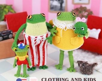 Family Outfit and Kids Crochet Pattern, PDF Amigurumi tutorial, Little Green Frog and Cute Tadpole