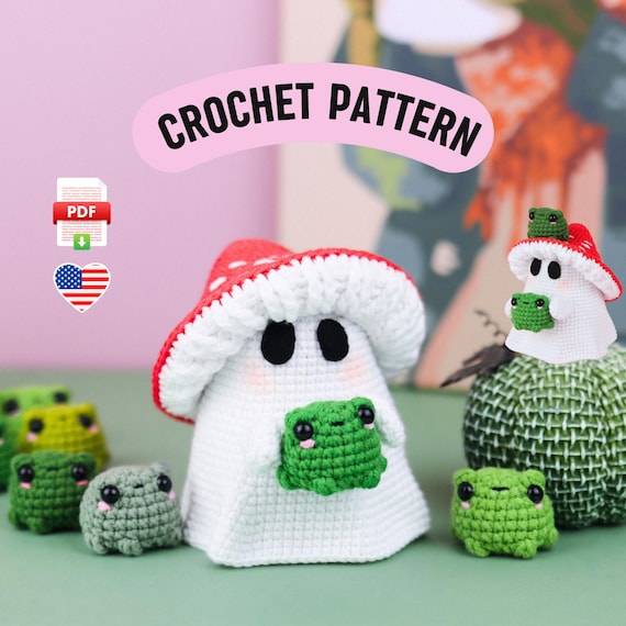 Crochet Ghost Doll with Mushroom Hat Pattern, Amigurumi Frog Holder (PDF Tutorial)