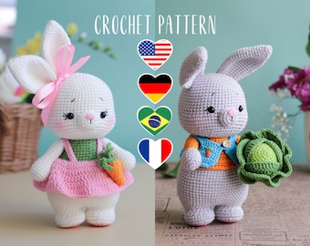 Crochet Pattern Amigurumi Bunnies – Boy and Girl Rabbits with Carrot & Cabbage (PDF Pattern)
