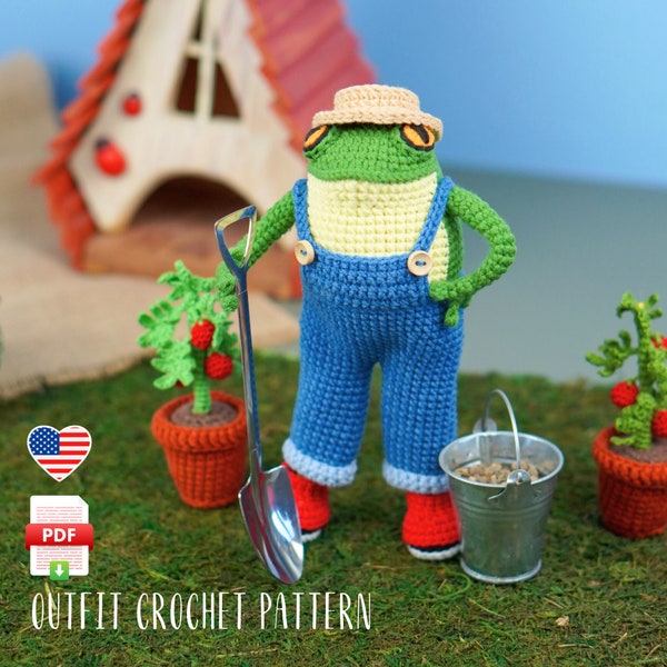 Gardening overalls for the frog, crochet pattern, farmer outfit for the frog