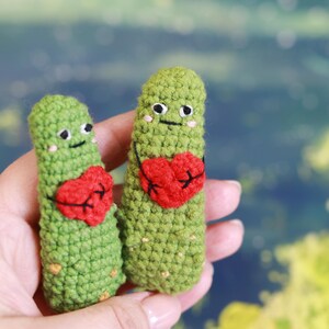 May include: Two handmade crochet figures in the shape of green pickles, each holding a red heart. The figures have embroidered faces with black eyes and smiles, and pink cheeks. The background is a blurred mix of green and blue.