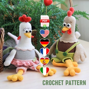 Rooster & Hen Crochet Pattern PDF - Amigurumi Chicken Tutorial - Easter Decor Crochet Toy Pattern - Farmhouse Country Chickens DIY