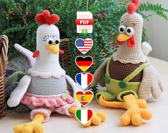 Rooster & Hen Crochet Pattern PDF - Amigurumi Chicken Tutorial - Easter Decor Crochet Toy Pattern - Farmhouse Country Chickens DIY