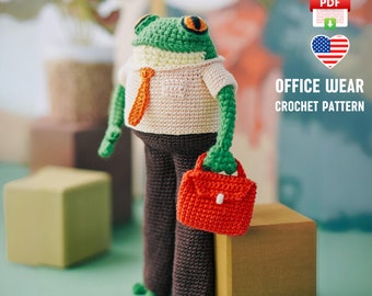 Frog Office Outfit Crochet Pattern, Shirt, Trousers, Briefcase (PDF Pattern)