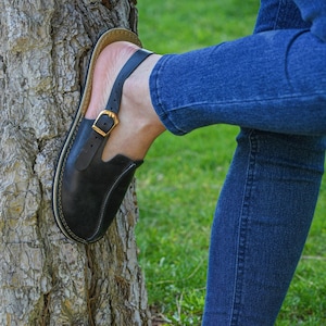 Barefoot Clogs Women, Handmade Sandals, Genuine Leather Black Sandal, Wide Sandals For Women, Rubber Sole, Christmas Gift