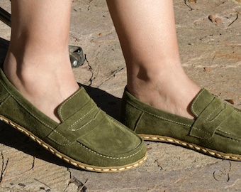 Minimalist Barefoot Copper Grounding Shoes, Green Suede Barefoot Loafers, Zero Drop, Wide Toe Box